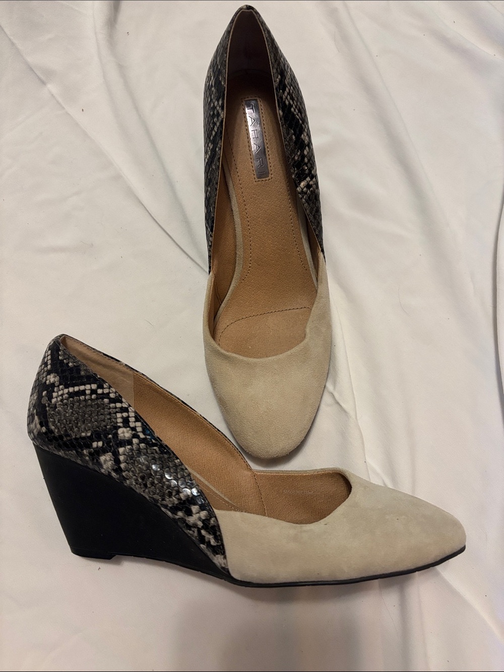 Tahiti Beige Suede & Snakeskin Wedge Pumps - Women's